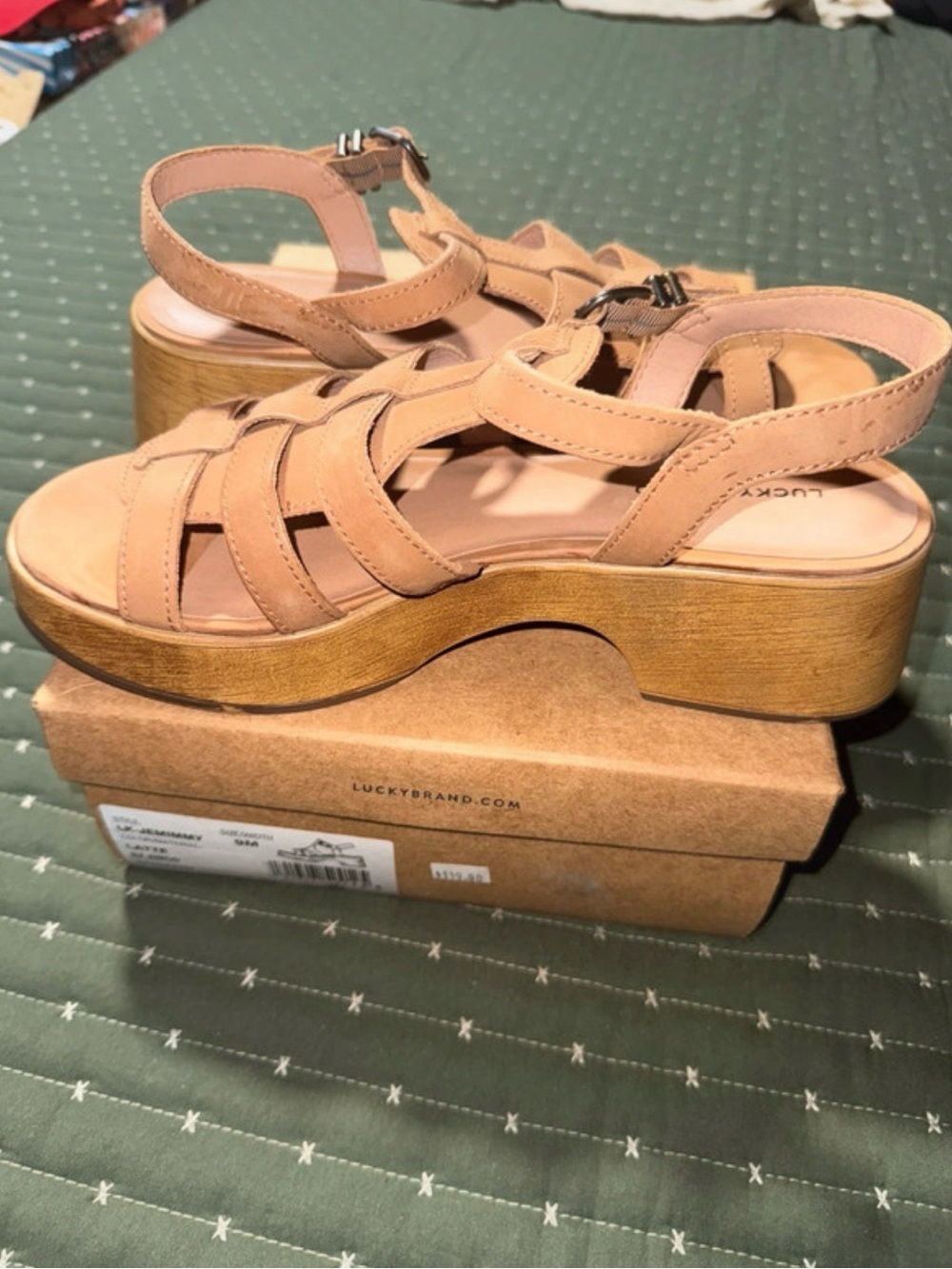 Lucky Brand Beige/Tan Platform Sandals with Wood-Look Heel